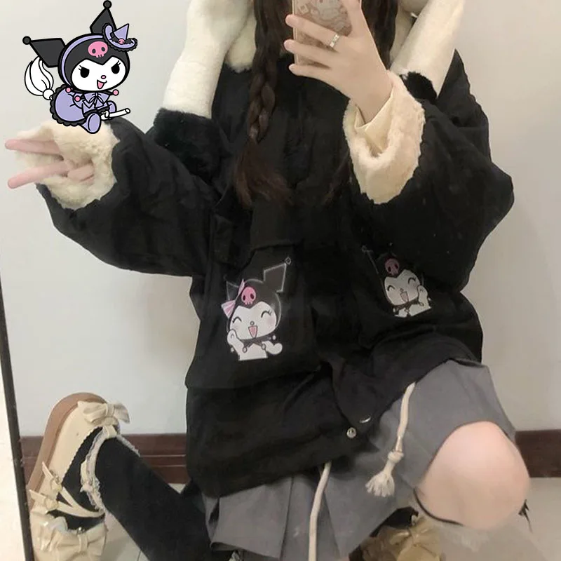 Sanrioed Kuromi Cotton Jacket Y2K Kawaii Zip Up Hoodie Women's Autumn Winter Thickened Lamb Coat Warm Versatile Cotton Clothes