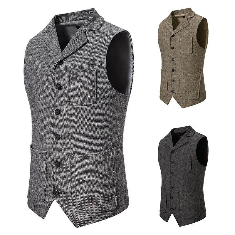 

High Quality Mens Suit Vest Waistcoat Business Turndown Collar Slim Herringbone Fabric Male Dress Blazer Vests Formal Party V09