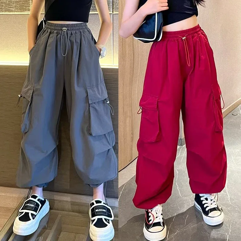 Spring Autumn New Girls Cargo PantsTeen Girls Streetwear Baggy Trousers For 5 6 8 10 12 14 Years Kids Casual Wide Leg Pants