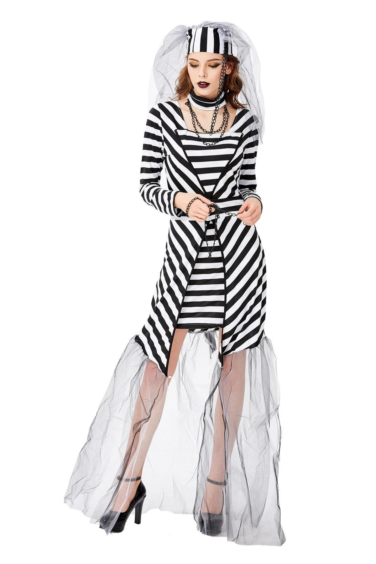 Carnival Party Halloween Inmate Prisoner Fancy Dress Ghost Vampire Bride Costume for Women Girls Lady with Veil Full Set Uniform