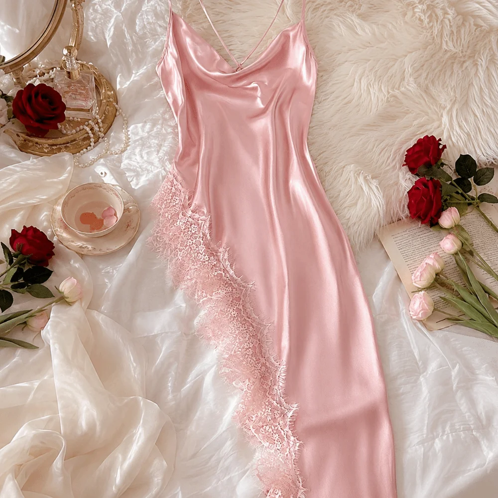 Nightwear Split Women Nightgown V Neck Spaghetti Strap Lace Pajama Dress Patchwork Beauty-back Female Sleepwear Casual