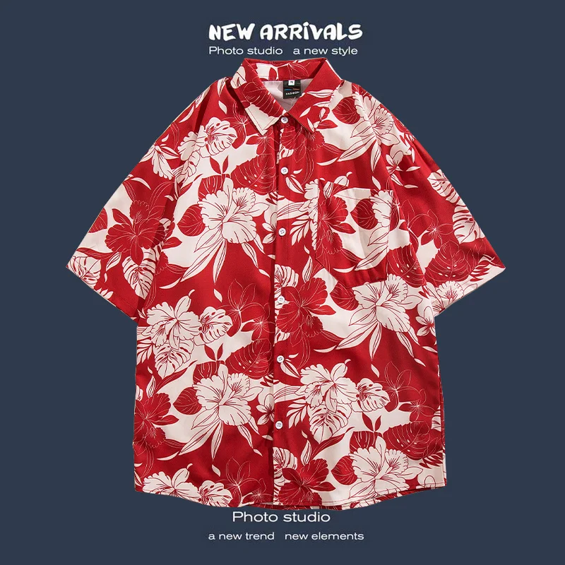 2024 Summer floral short sleeved loose fitting shirt for boys, ruffled and handsome top, Hawaiian shirt, non ironing print