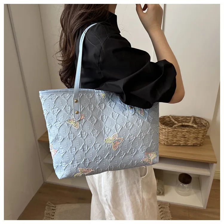 Sweet Embroidery Butterfly Shoulder Bags for Women Large Capacity Ladies Casual Tote Bag Versatile Simple Daily Work Handbags