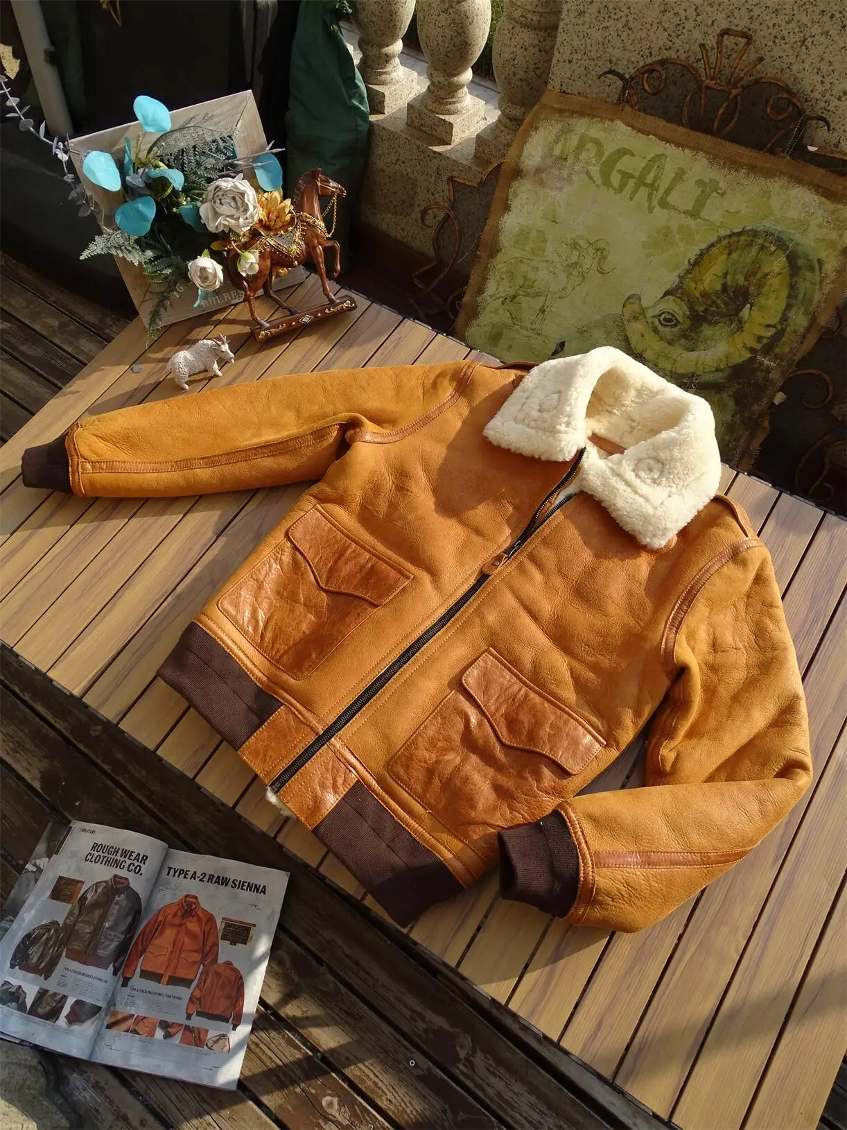 Tailor Brando American Vintage A2 Aviator Original Sheep Shearling & Vegetable Tanned Horsehide Men's Genuine Fur Warm Jacket