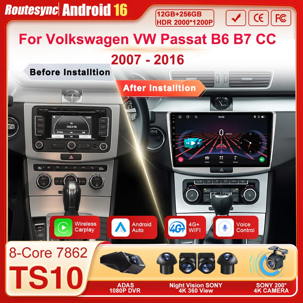 

Для Volkswagen VW Passat B6 B7 CC 2007-2016 Android 16 Carplay Авто экран Автомобильный радиоприемник Bluetooth 8-ядерная навигация GPS Wi-Fi DSP