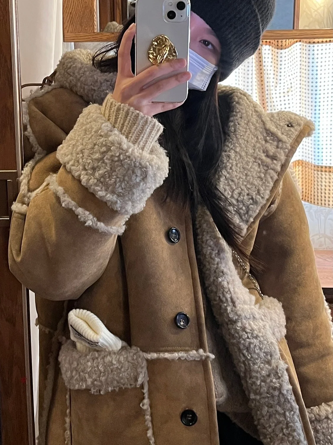 

Korean Sle Hooded Suede Fur Jaet Women's Winter Thiened Warm Slimming Coat with Fce Inner Leather