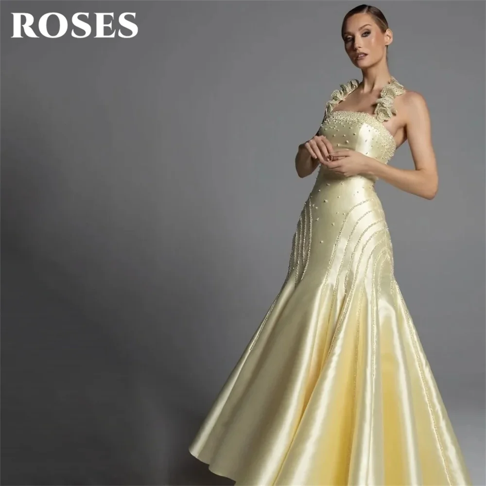 ROSES Butter Yellow Evening Dress Halter Neck Sleeveless Party Dress Beading On Chest Prom Gown Simple robes du soir Customized