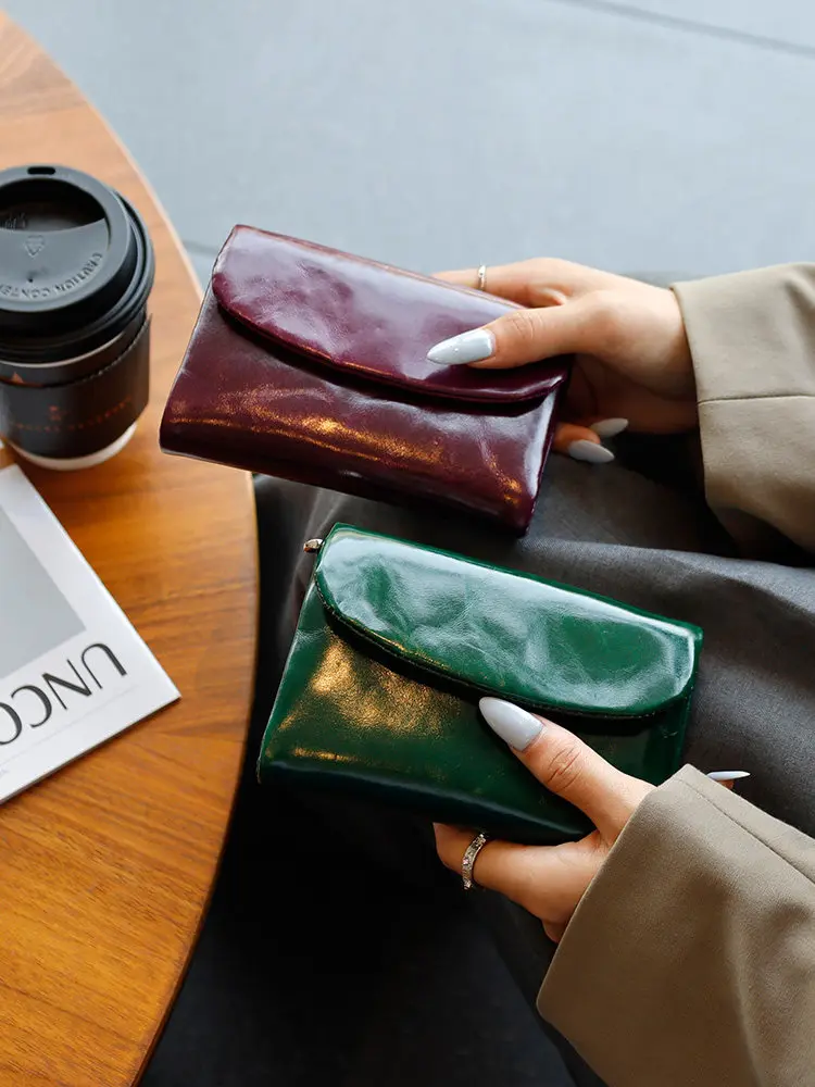 new-ladies-short-genuine-leather-wallet-simple-card-holder-multi-function-tri-fold-oil-waxed-top-layer-cowhide-money-clip