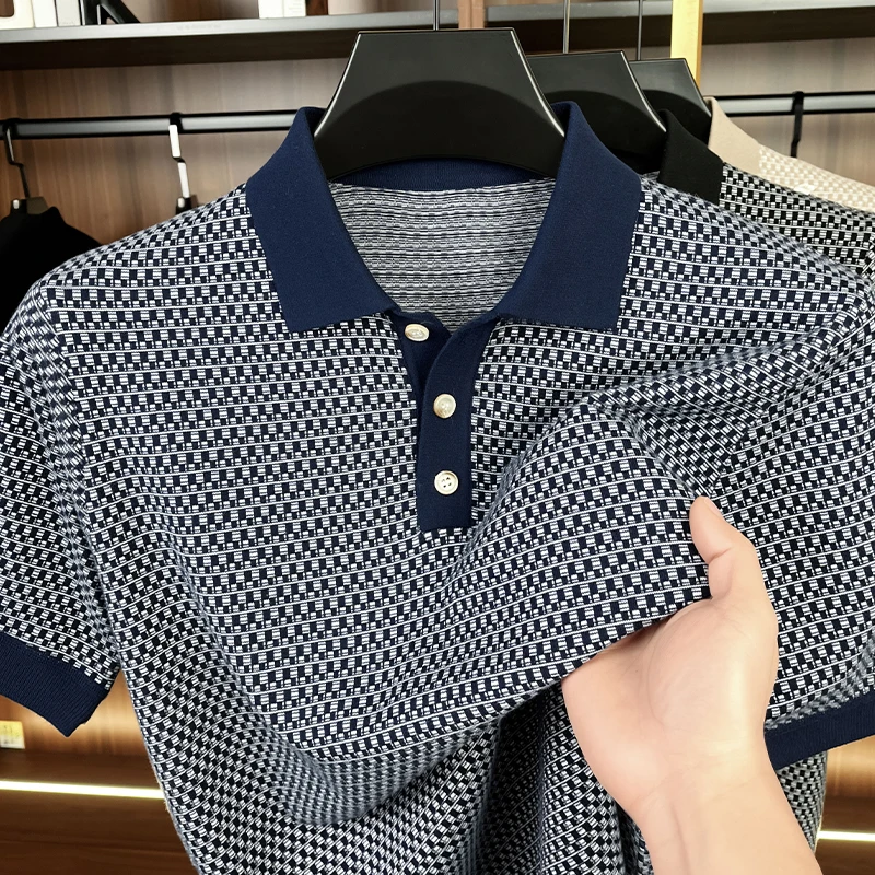 100% pure cotton short sleeve men's polo shirt personality checkered printing luxury fashion thin breathable new casual T-shirt