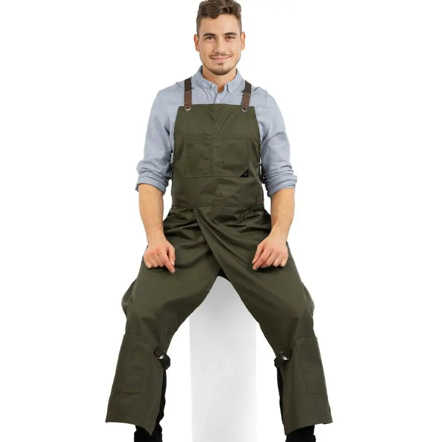 

NY Sky Pottery Moss Green Apron Full Coverage CrossBack, Durable Twill, Leather Reinforcement and Overlapping SplitLeg, Adjustab