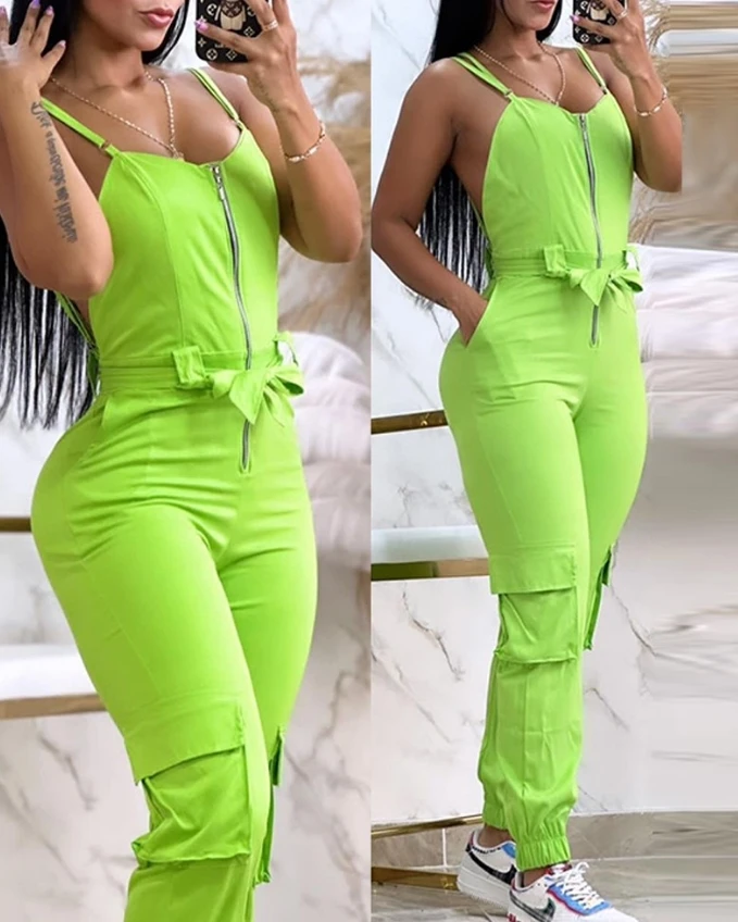 

Spaghetti Strap Bodysuit Romper for Women 2024 Summer V-Neck Solid Color Zipper Pocket Design Backless Cuffed Jumpsuit