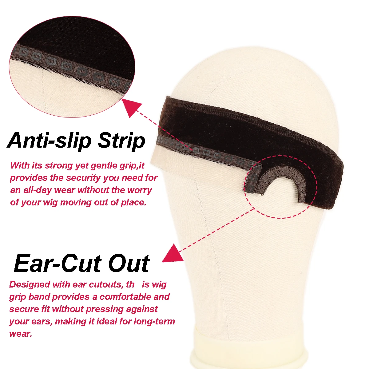 Banda de agarre de peluca de encaje para mujer, pinza de peluca con recortes de oreja, borde de encaje natural, 1 diadema de peluca ajustable antideslizante