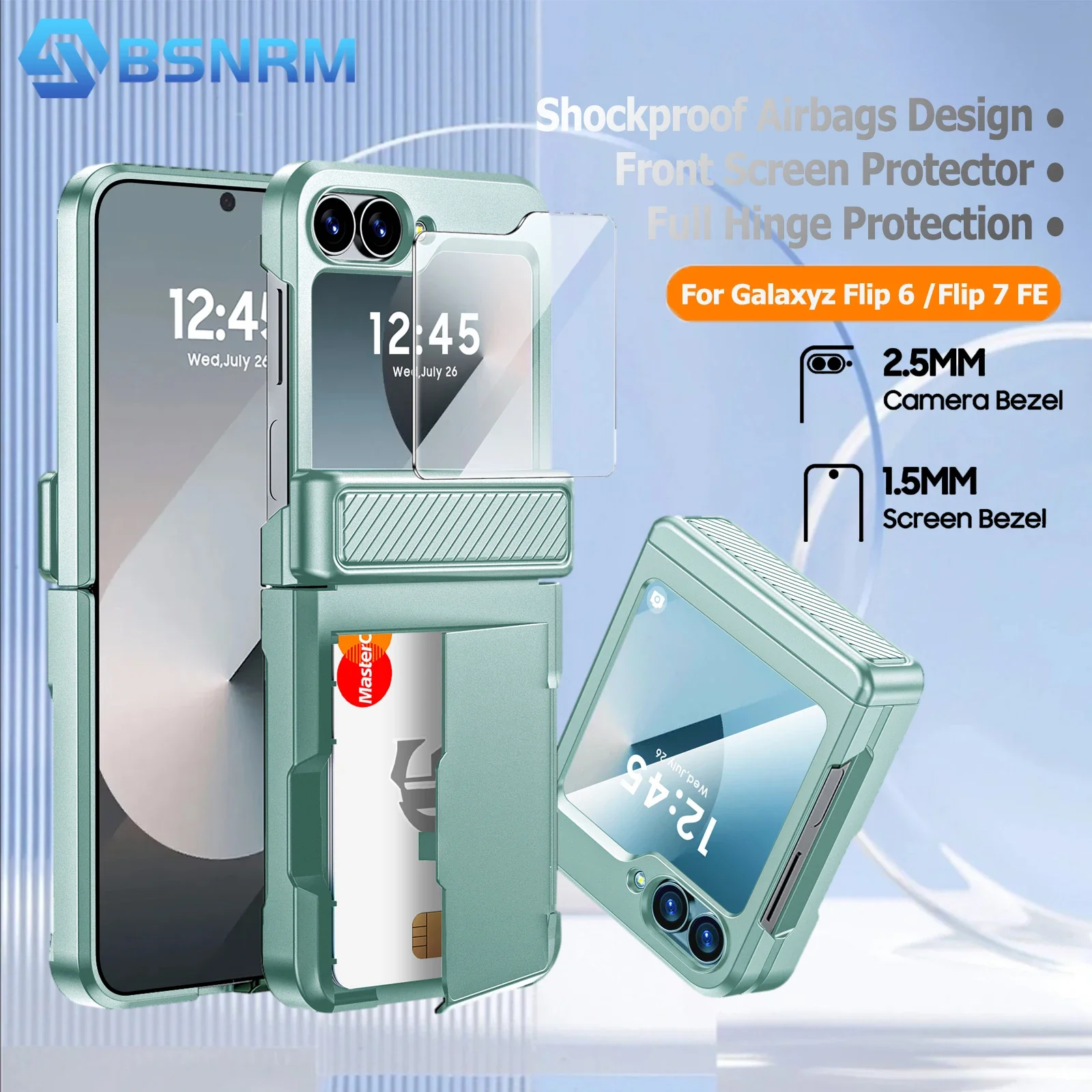 

Чехол-кошелек для Samsung Galaxy Z Flip 6, защита шарниров и с зажимом для карт [защита RFID] и защитной пленкой для экрана-светло-зеленый