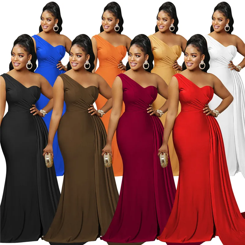 

New Fashion One Shoulder Maxi Women Dress Sexy Backless Diagonal Collar Slim Vestidos Elegant Celebrity Evening Party Club Dress