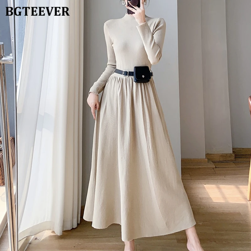 

BGTEEVER Stylish Ladies Half High Collar Knitted Dress Autumn Winter Long Sleeve Slim Waist Belted Female A-line Sweater Dress