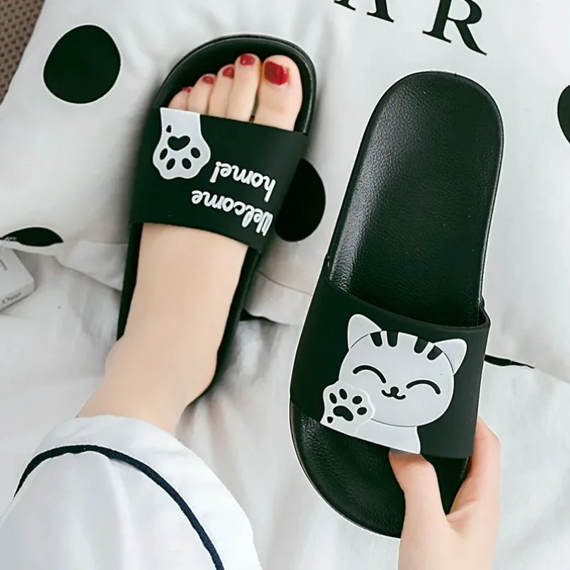 Flip Flop Slippers Women Cloud Summer Sandal Female Beach Cartoon Cat Print Cute Kawaii Non Slip Men Male Ladies HomeShoe Slide