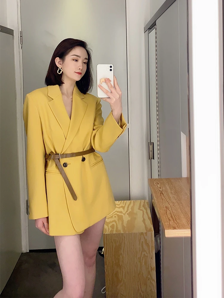 

Loose Fit Double Breasted CS Sle Women's Suit Jaet Spring 2024 New Arrival Long Sve Pure Color Commute Sle Polyester