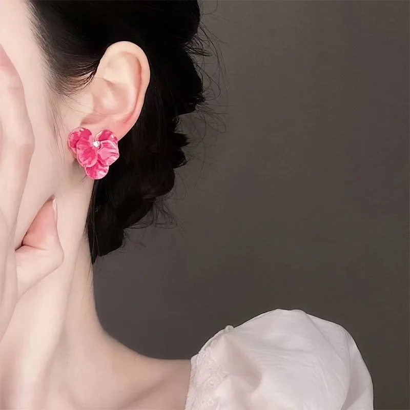 Cute Oil Dropping Blue Flower Earrings for Women Retro Petal Pink Flower Stud Earring Summer Jewelry Fashion Ear Accessories New