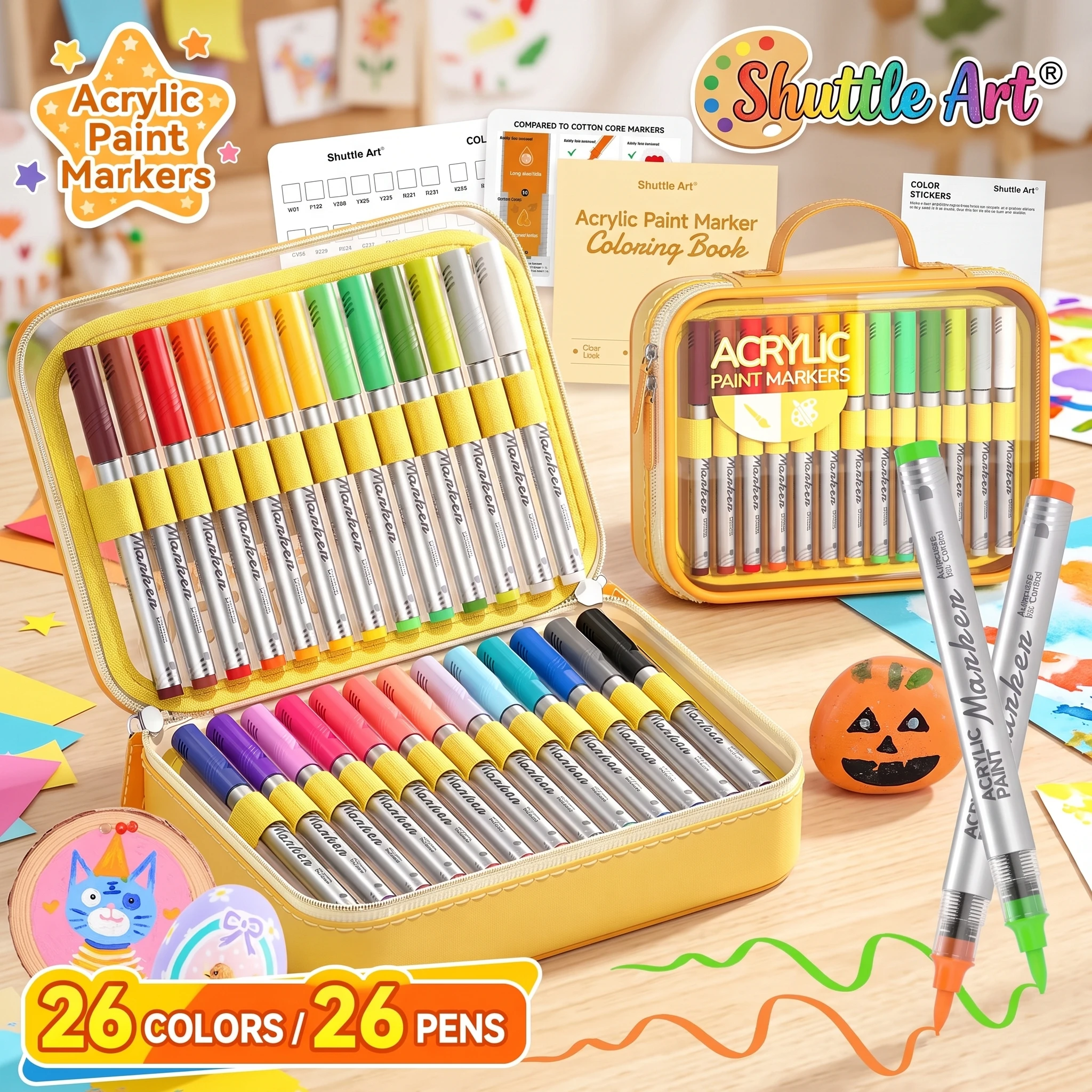 Shuttle Art Automatic Ink Control Acrylic Paint Markers, 26 Colors Brush Tip Acrylic Paint Pens for Rock Painting, Ceramic, Wood, Canvas, Glass, Stone, Fabric, Card Making, DIY Crafts