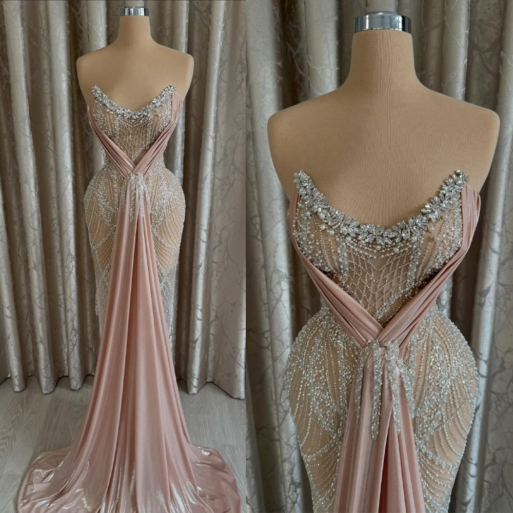 

Fashion Crystal Evening Dresses Pearls Prom Gown Strapless Mermaid Illusion Sleeveless Party Dress Customized Vestidos de noche