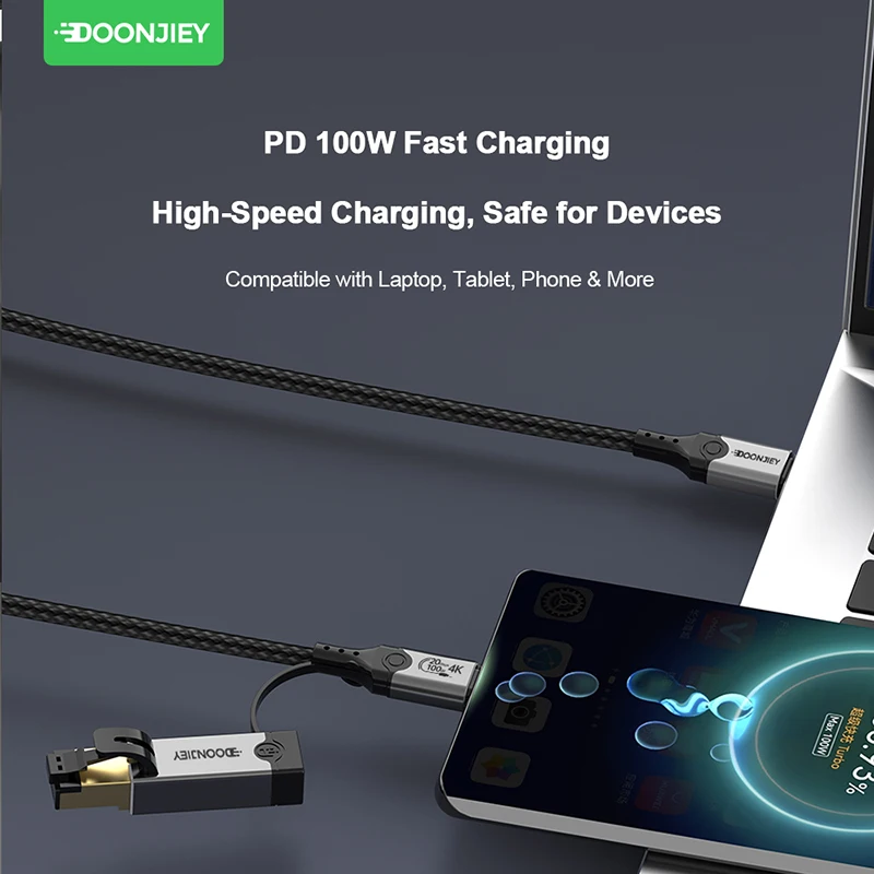 USB3.2 Full-featured Data Cable Type C to RJ45 Gigabit Network Converter PD 100W Charging 20Gbps 4K Video Line For Laptop Tablet