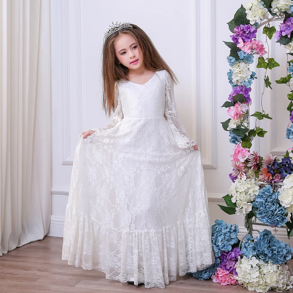 Vestidos blancos de primera comunión para niña, vestidos largos de encaje con manga larga y cuello en V para bodas y bebés