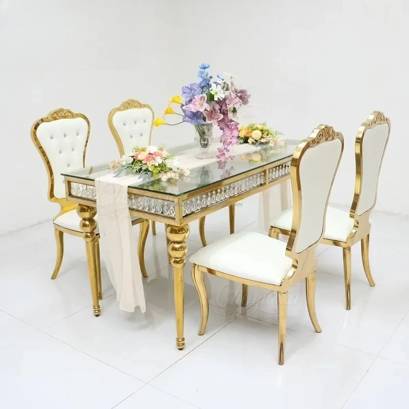 Best Selling Luxury Modern Rectangle Stainless Steel Tempered Glass Top Dining Table Set 4 Seats for Apartment & Hotel Use