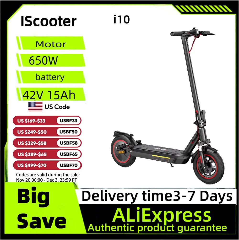 

ISCOOTER I10 E Scooter for Adults 650W Motor Foldable Electric Scooter 42V15AH 10 Inch Tires City Commuter Electric Scooter