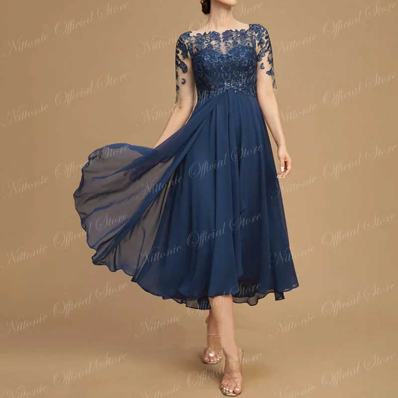 Long Elegant Mother of the Bride Dresses Sequins Boat-Neck Tea-Length A-Line Wedding Guest Party for Women 2023 Evening Gala New