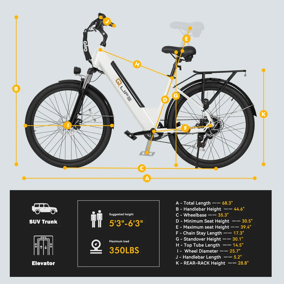 Qlife Cityone ST 2.0 Electric Bike for Adults, 26" Electric Bicycle with 1200W Peak Motor 48V 10.4Ah Battery, 28MPH 55 Miles, 7-Speed Commuter Bike with Front Suspension image 13