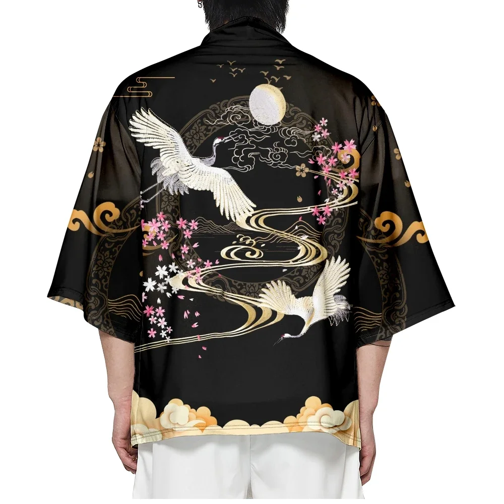 Fashion Cosplay Haori Shirts Chinese Crane Print Traditional Kimono 2025 Japanese Style Women Men Streetwear Beach Cardigan Top