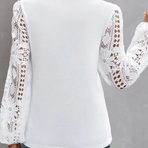 White Skew Collar Lace Patchwork Shirt Blouse Women Spring Autumn Lantern Sleeve Hollow Out Casual Shirts Top Femme