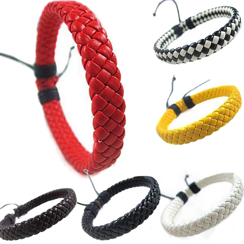 1Pcs Punk Black/Brown/White/Yellow Braided Leather Bracelet Bangle Male Accessories Homme Jewelry Black Color Leather Bracelets