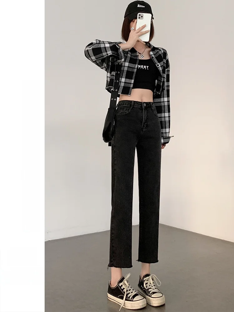 

Прямые джинсы с высокой талией, женские эластичные облегающие брюки с девятью точками, хлопковые эластичные джинсовые осенние модные брюки маленького размера