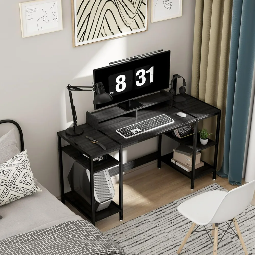 55 inch Black Computer Desk Gaming Desk with Monitor Stand Home Office for 2 Monitors Writing Desk with Adjustable Storage