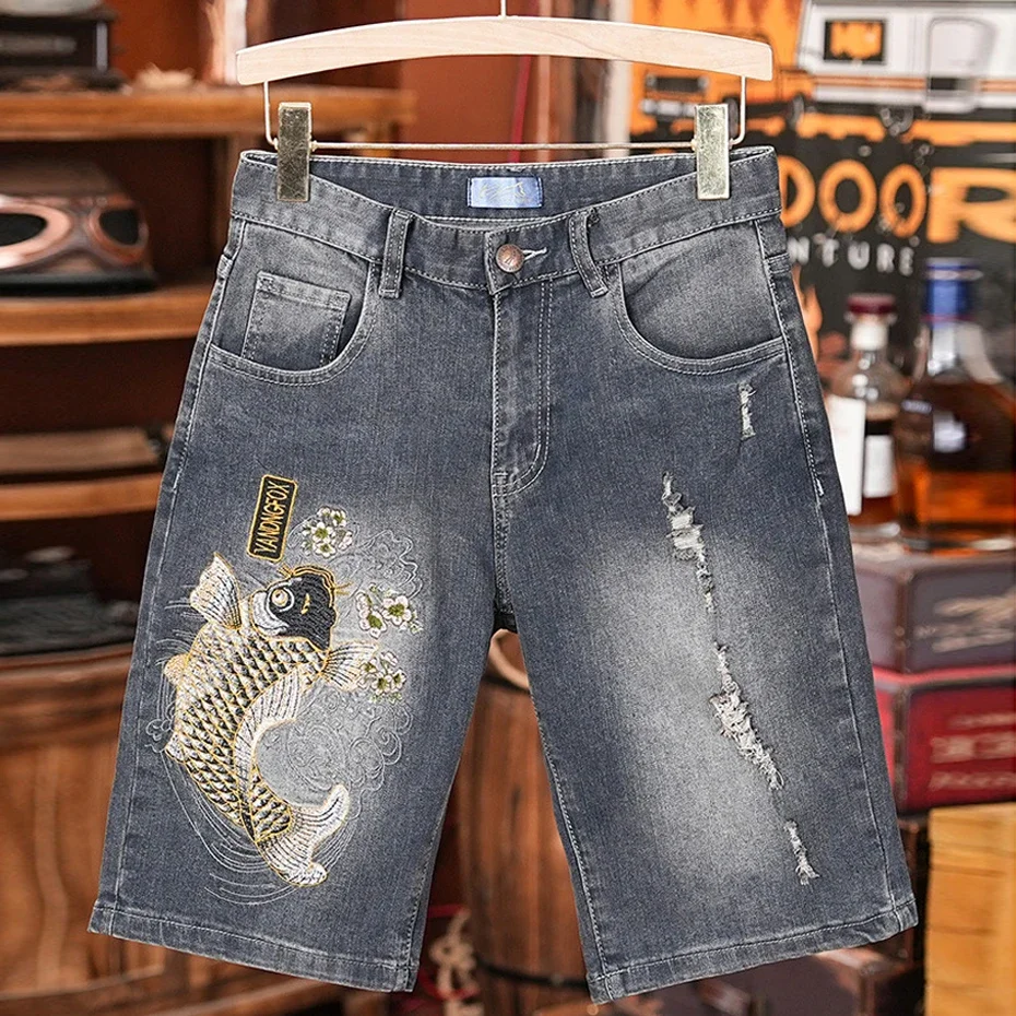 

DIANRUO 44 Plus Szie Denim Shorts Summer Embroidery Jean Shorts Fashion Streetwear Carp Embroidery Short Pants шорти чоловічі