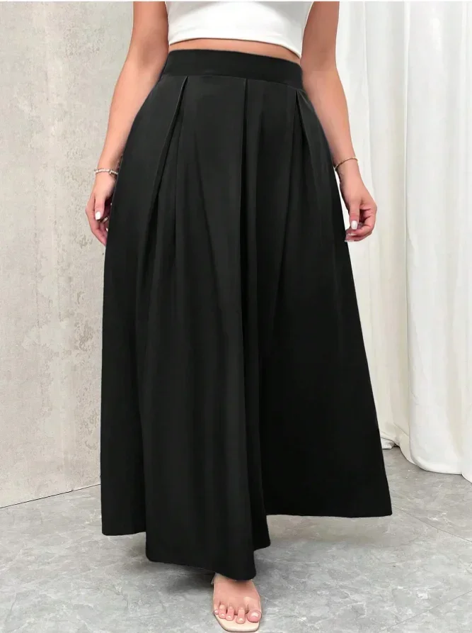 Plus Size Damen Einfarbiger Plissierter Maxirock mit Hoher Taille, Ausgestellter Langer Rock, Lässig-Eleganter A-Linien-Rock für Damen – Detail 10