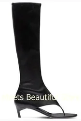 Summer New Women Leather Clip Toe Knee High Thong Boots Female 50mm Heels Slim Slip On Elastic Long Botas Shoes