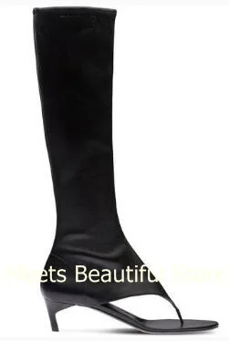 Summer New Women Leather Clip Toe Knee High Thong Boots Female 50 mm Heels Slim Slip On Elastic Long Botas Shoes