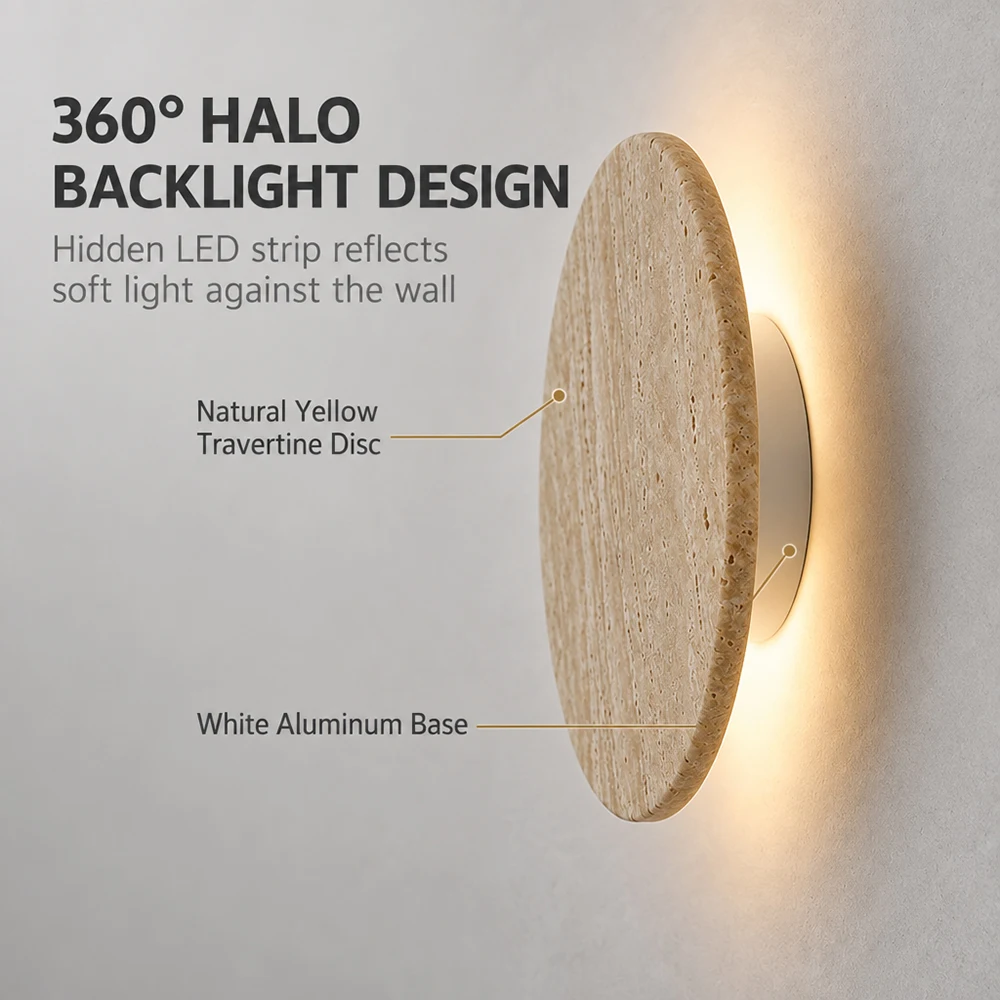 Natural Yellow Travertine LED Wall Light Round Wabi Sabi Wall Sconce 3000K Warm White 15/20/25cm Modern Indoor Lamp for Bedroom