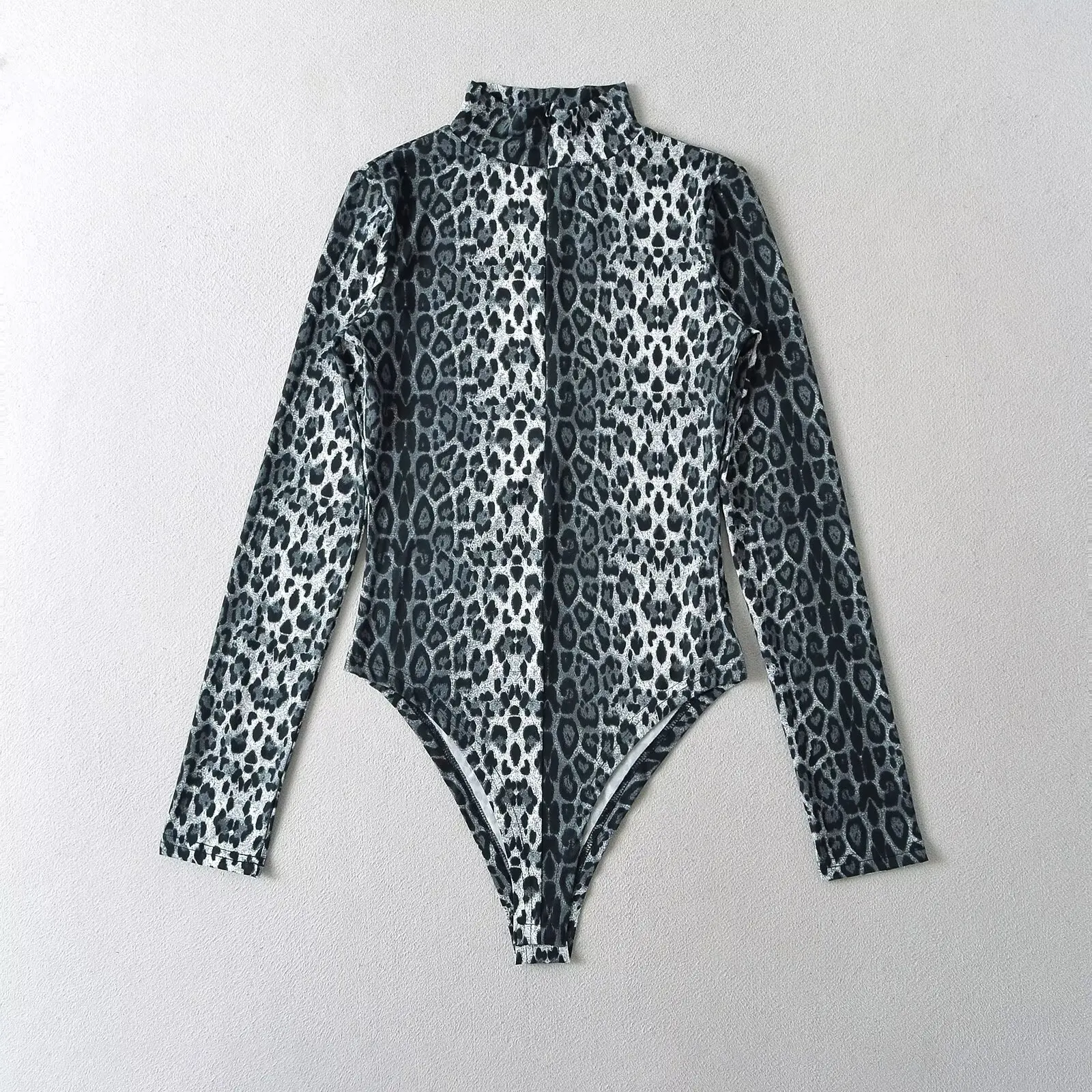 Women Zip Long Sleeve Leopard Print Jumpsuit Bodysuit