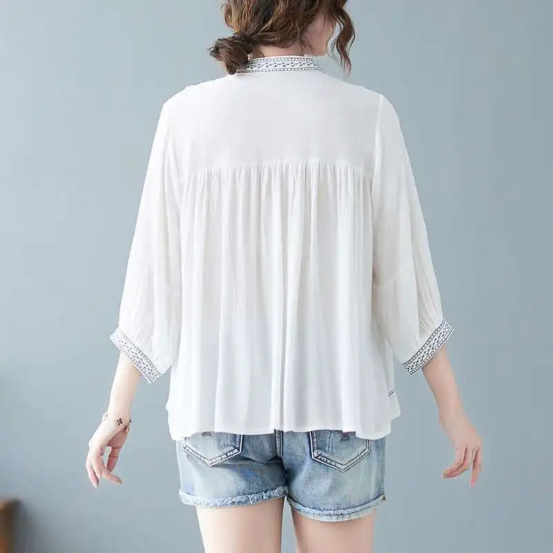 Femmes lin irt broderie ample rétro coton v-ne ort Sve Vintage Design littéraire printemps Faion haut pour femme