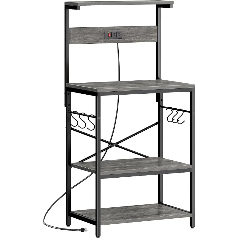

Kitchen Bakers Rack with Power Outlet, Coffee Bar Table 4 Tiers, Kitchen Microwave Stand with 6 S-Shaped Hooks, Storag