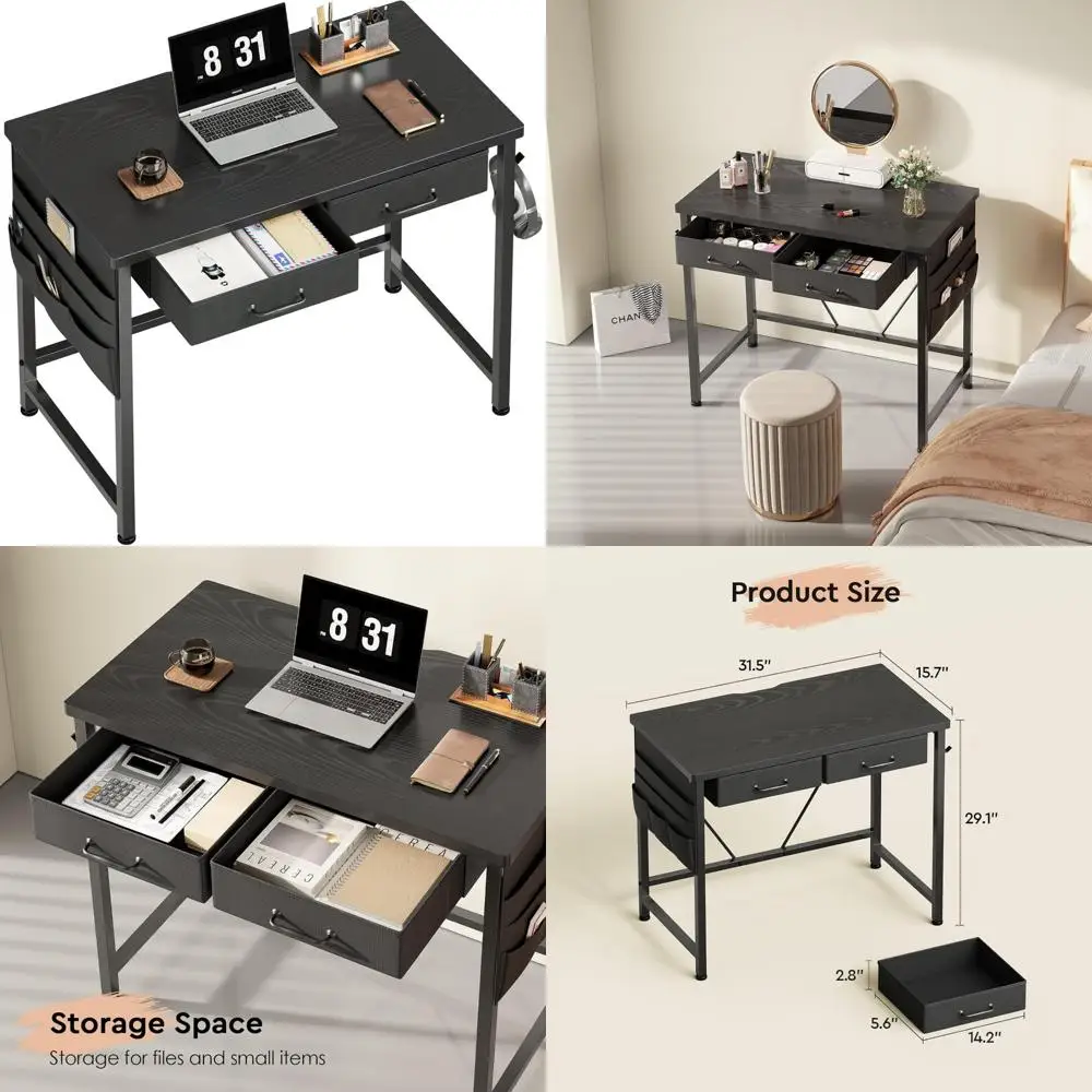 Compact 31.5 Inch Desk with Drawers, Metal Frame, Modern Small Office Computer Table, Black, Space-Saving Furniture for Home Off