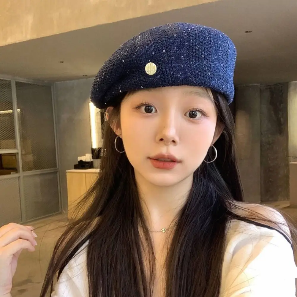 

Brimless Cap Breathable Sequin Beret Hat Hollowed Out Paillette Weave Hat Thin Japanese Style Crochet Knitted Cap Summer