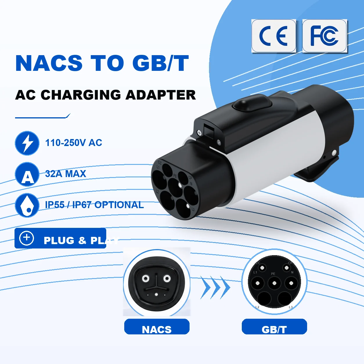 AC-TZG2 NACS-GBT NEW AC Charging Adapter 32A EV Charging Connector Factory Direct Sales Car Charger Adapter