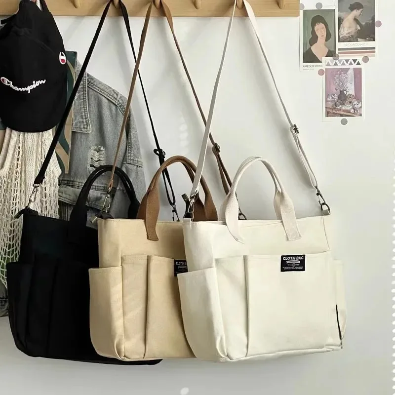 Urban Minimalist Female Student Large Capacity Commuting Horizontal Canvas Single Shoulder Diagonal Cross Portable Tote Bag