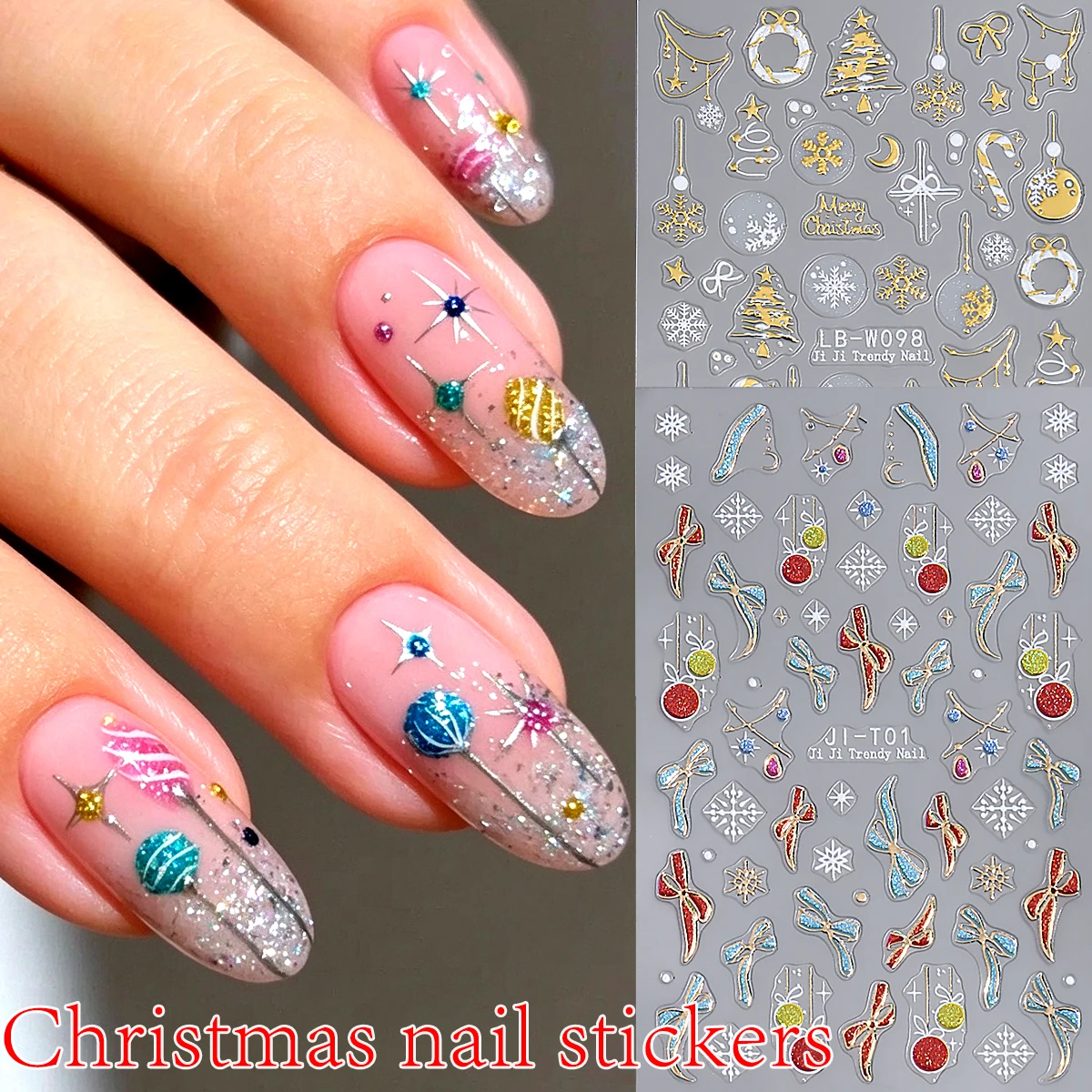 Christmas 3D Nail Stickers Metallic Gold Silver Xmas Tree Snowflake Candy Cane Star Bell Pattern Holiday DIY Manicure Accessorie