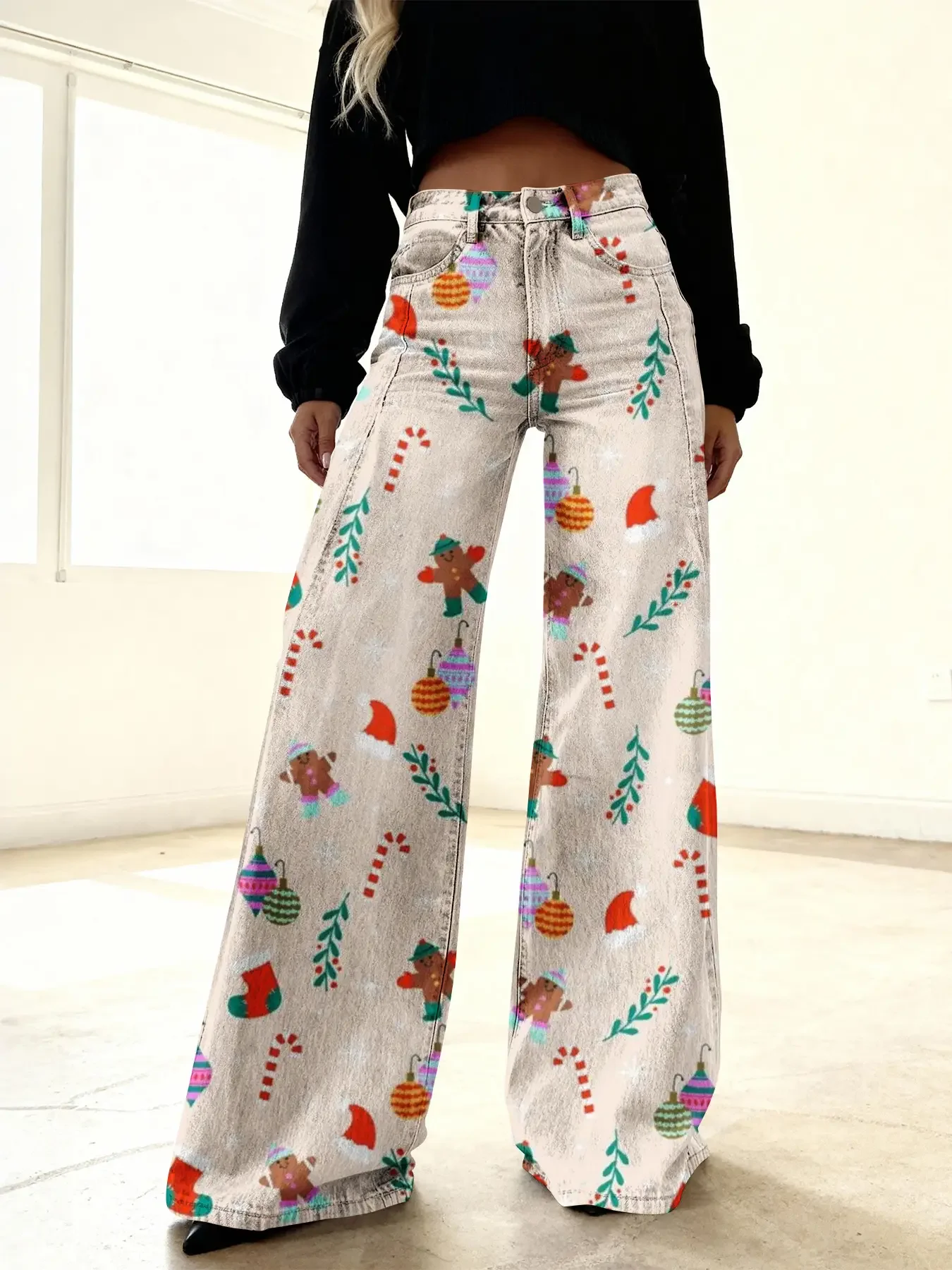 Christmas women's imitation denim printed high waisted flared pants, sweet and cute, Ladies' style color block fashion