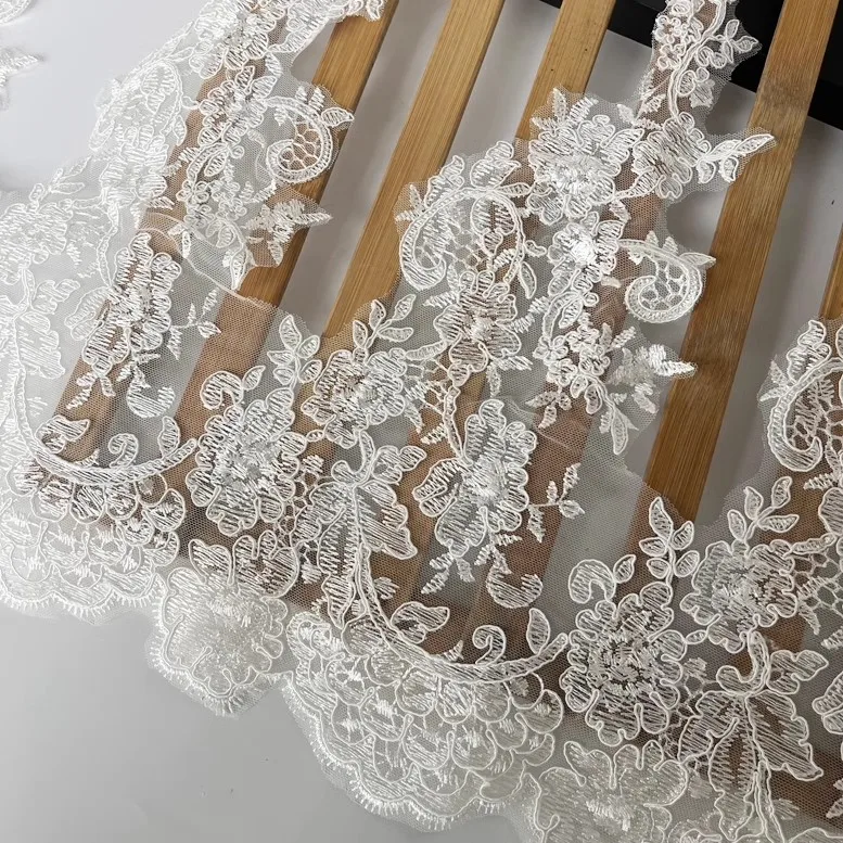 White Gauze Bone Thread Embroidery Lace Accessories Fine Skirt Garment Hem Decorative Fabric 36cm Wide